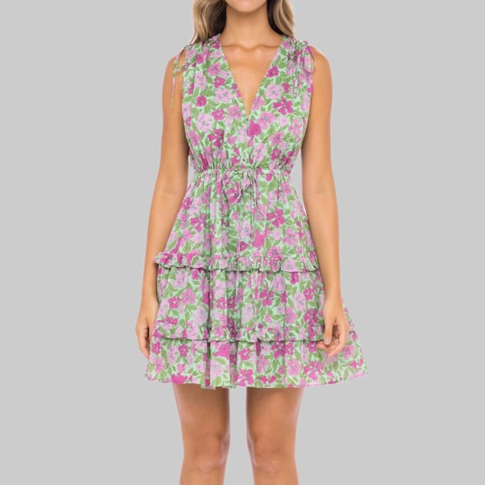 Banjanan Becca Floral Drawstring Waist Mini Dress Green Pink 100% cotton